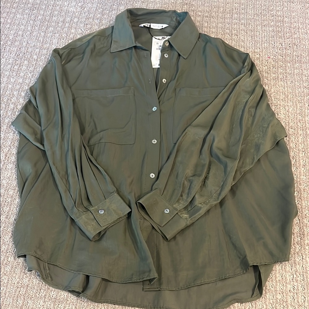 Zara Olive Green Oversized Button-Up Shirt